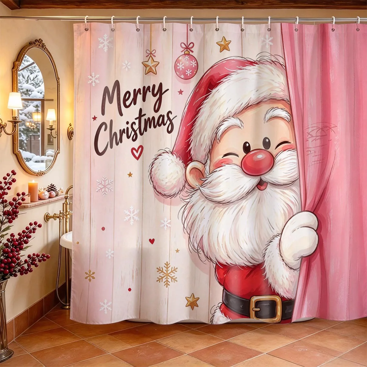 Merry Christmas Shower Curtain Pink Santa Claus Highland Cattle Red Bow Print Curtain Waterproof Durable for Bathroom Home Decor