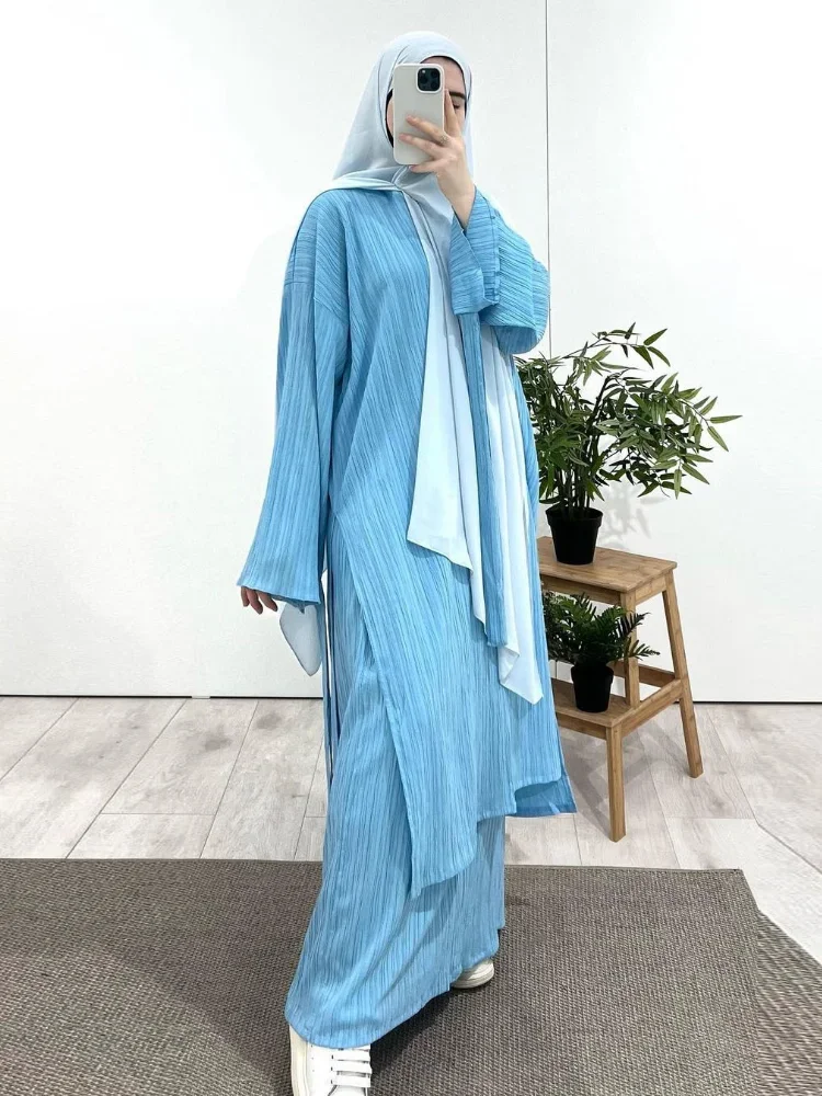 

Autumn Women Muslim Robe Long Sleeve Pleated Split Button Overlay Ankle Halter Middle East Female Trendy Dress Sets Dubai Abaya