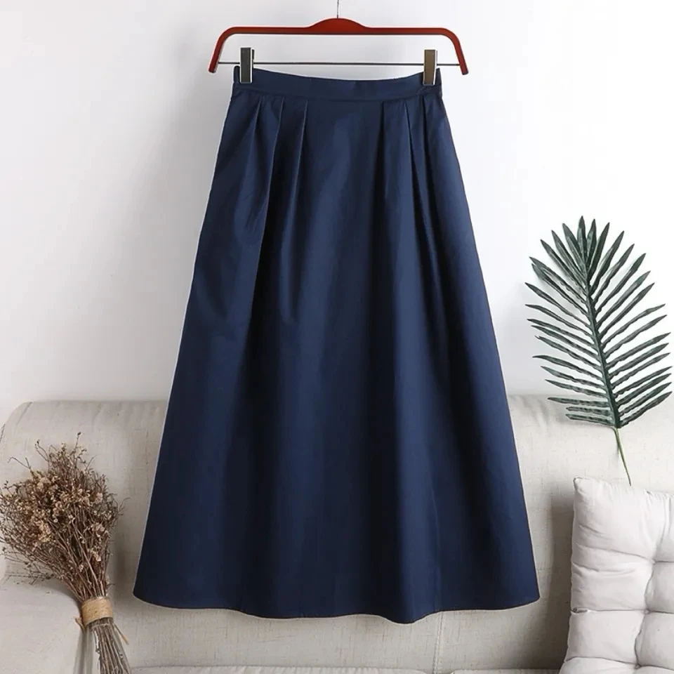

Navy Cotton Elastic Waist A-line Solid Casual Loose Women's Skirt Korean Fashion Mid-Calf Long Skirts For Women 2023 Summer