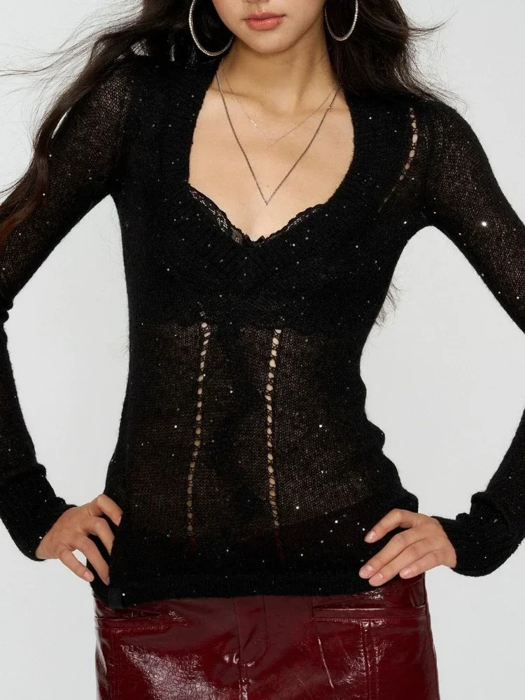 Y2K Hollow Out Knitted Sweater for Women, See Through Bodycon Pullover, Grunge Fairy Top, 2025 Autumn Solid Color