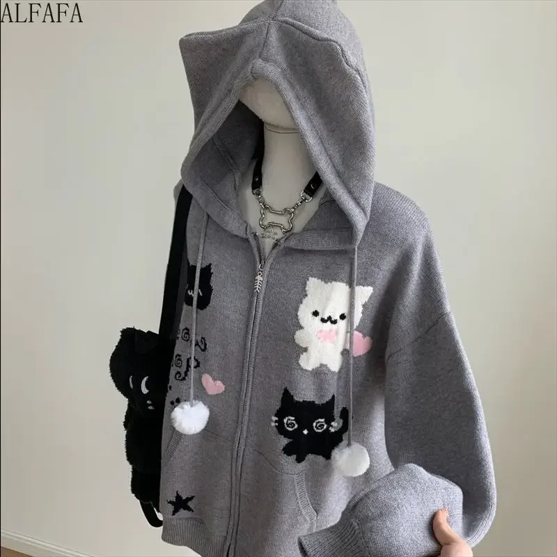 

Autumn winter new cardigan grey cute little animal sweater coat zipper Cat's ears sweet thin homespun knitting sweater jacket