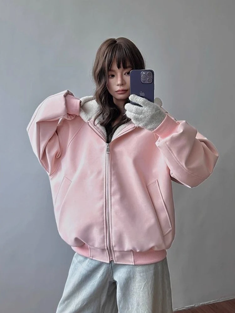 Słodki płaszcz zimowy damski ze skóry PU i bawełny z futrzanym kołnierzem, wzór Orła Górskiego, wyściełany długi płaszcz...