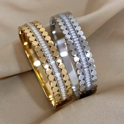 Greatera Chunky Gold Plated Stainless Steel Bangle White Cubic Zirconia Cuff Bracelet for Women Waterproof Charm Jewelry Trendy