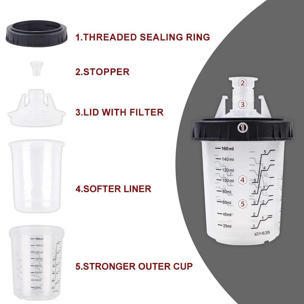 15 قطعة من أكواب خلط الطلاء الخاصة بمسدس الرش، خزان مسدس الرش السريع H/O سعة 5.6 أونصة/160 مل، كوب طلاء يمكن التخلص منه مع محول كأس مسدس الرش M14