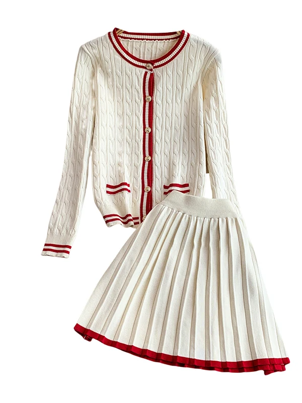 ファイオン ツイスト カラー ブロ ラウンド ネットニット オルト スカート＆ジャケット ツーピースセット ハイウエスト スリミング スレ 秋冬新作...