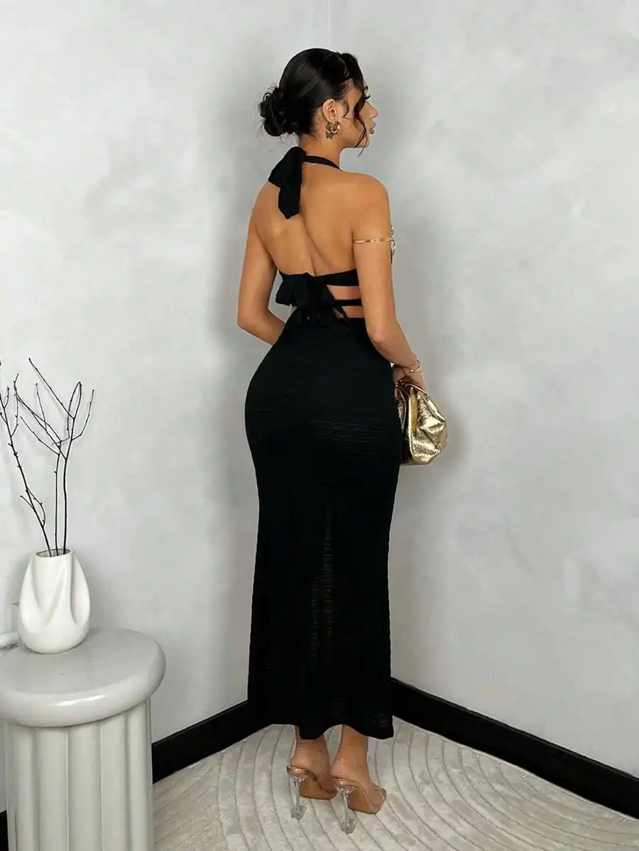 

Women Halter Neck Backless Cut-Out Tie Waist High Slit Maxi Dress