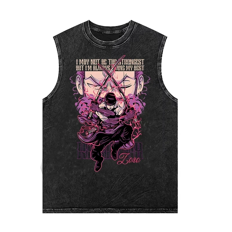 

Anime Printed Washed Vest Vintage Sports Fitness Casual Men's Short-Sleeved T Shirt Loose Oversized Tank Top Gym Clothing Summer