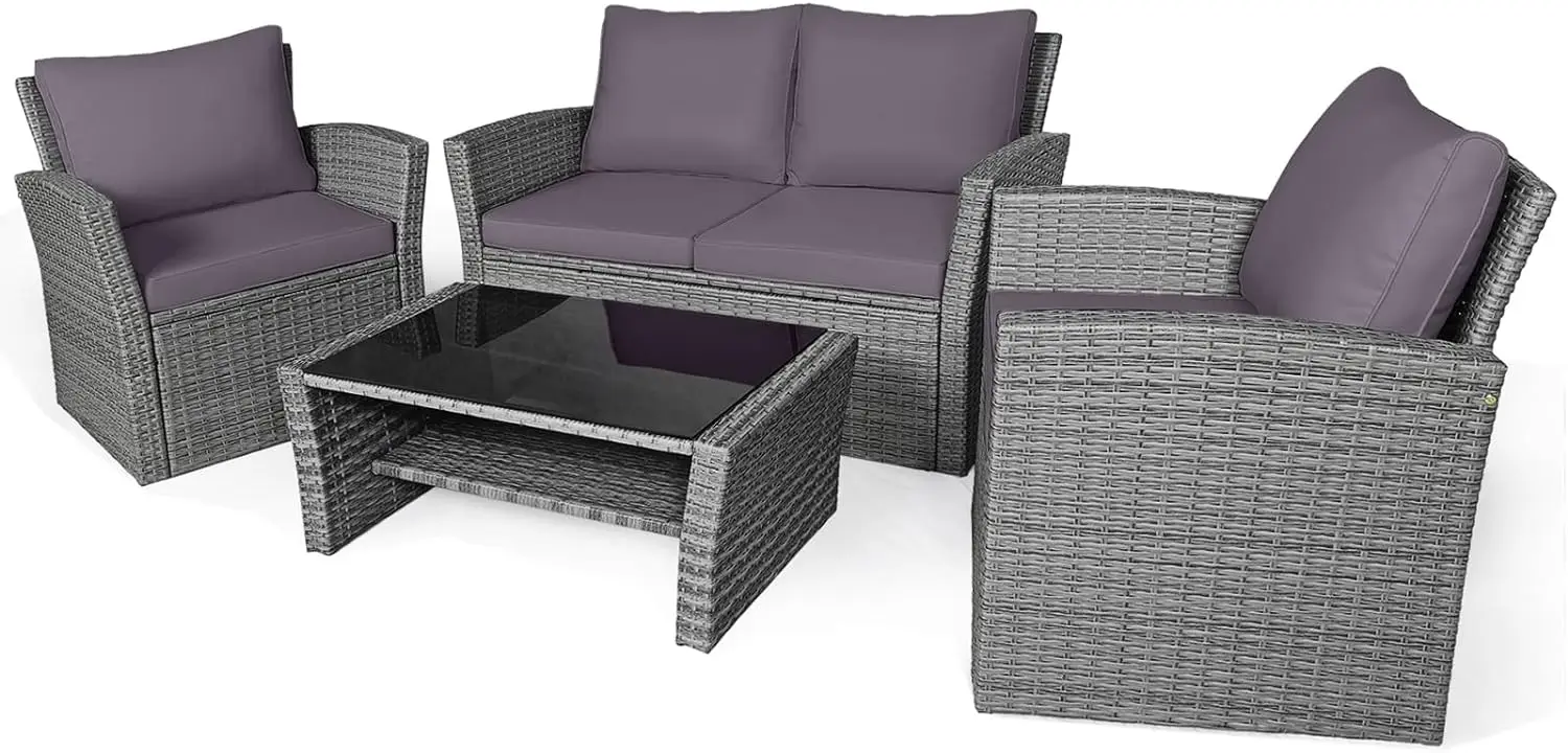 

4 Pieces Patio Furniture Set, All Weather Outdoor Sectional Rattan Sofa Set w/ Cushions & Tempered Glass Table, Wicker Couch Set