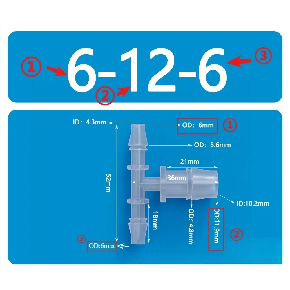 OD 1.6mm-20mm Plastic Equal Diameter Tee T-shaped Connector Pagoda Hose Barb Tee Hose Connector Multiple Specifications