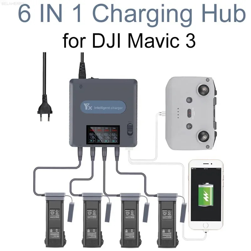 6-in-1 Digital-Display-Akkuladegerät für DJI Mavic 3 Drohnen-Akku-Ladezentrum Schnelles Intelligentes Akkuladegerät mit USB-Adapter – Detail 1