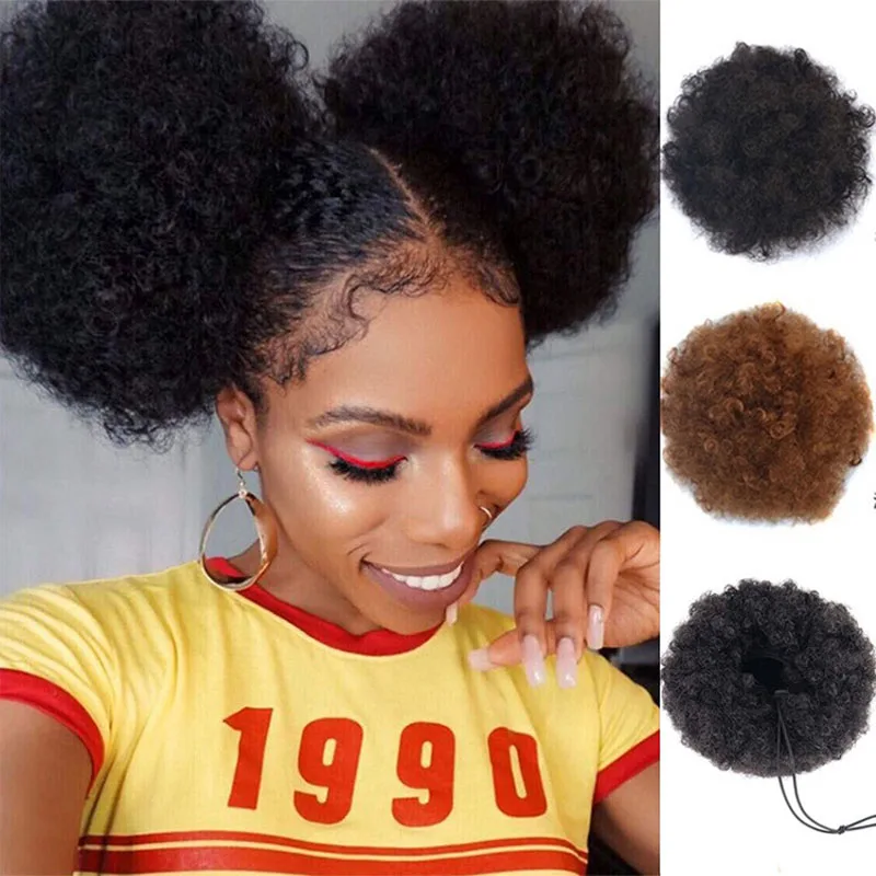 Wig keriting ikal Afro pendek sintetis rambut manusia ekor kuda keriting Kinky Brasil alami untuk rambut puff afro gadis wanita hitam