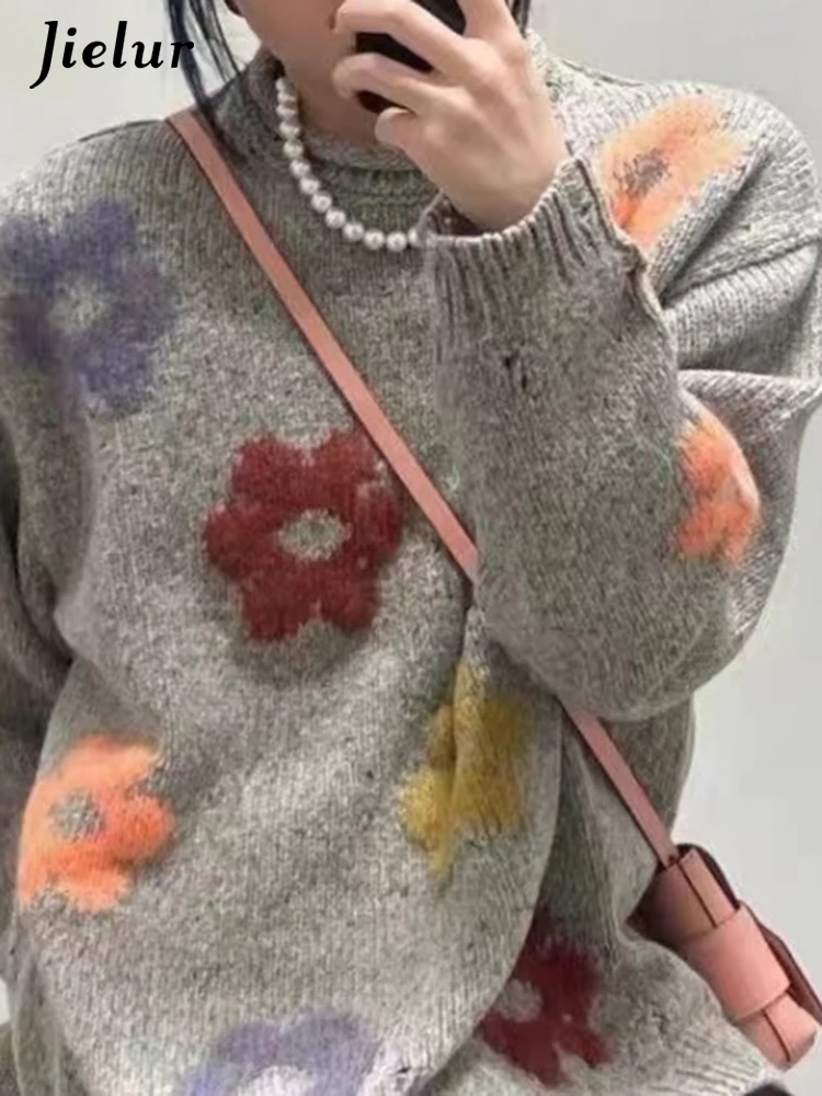 Jielur-女性の花の刺繍が施されたニットセーター,ラウンドネック,ルーズ,シンプル,カジュアル,スリム,ファッショナブル,対照的な色