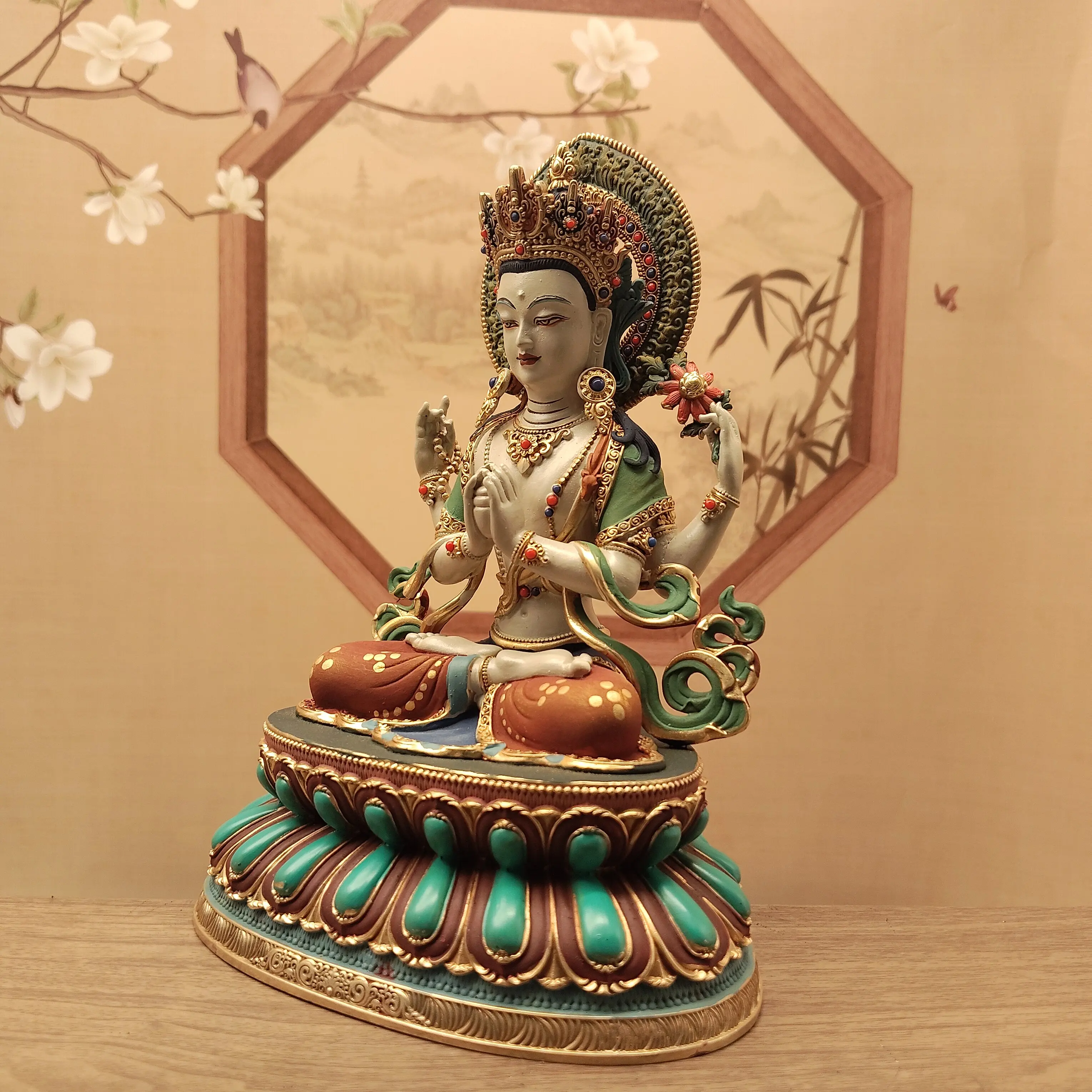Tibetan Ethnic Full Painted Four-Armed Avalokiteshvara Statue 15cm Office Living Room Peace Blessing