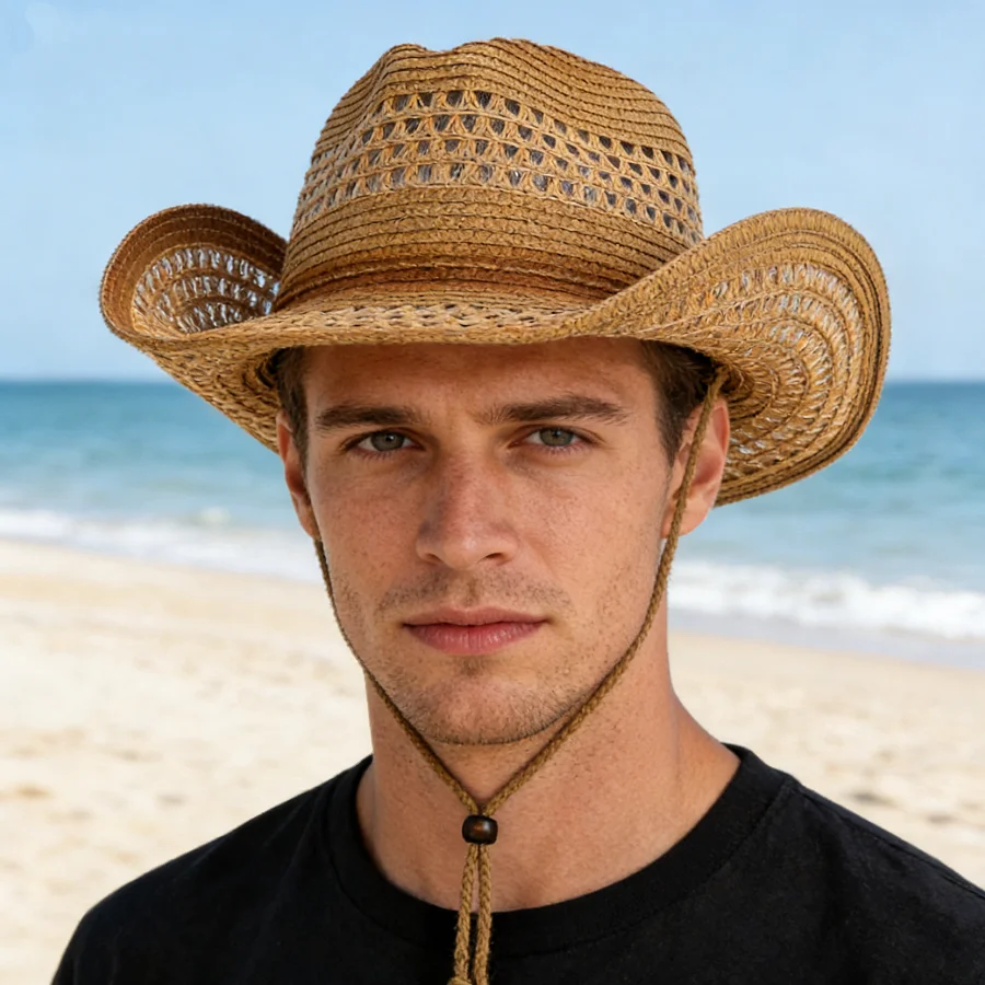 Hollow-Out Breathable Straw Cowboy Hat, Breathable and Not Stuffy, with Gradient Color Edges, Retro yet Stylish, Comes with Adjustable Windproof Strap, Won'T Blow Away in the Wind, Suitable for Outdoor Beach Sun Protection