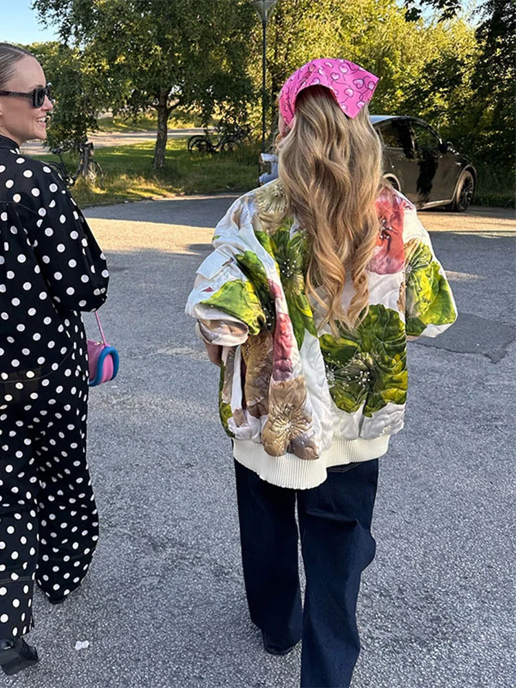 Chaqueta de algodón con estampado de flores para mujer, abrigos de manga larga con cremallera y cuello levantado, prendas de vestir cálidas elegantes para otoño e invierno, 2024