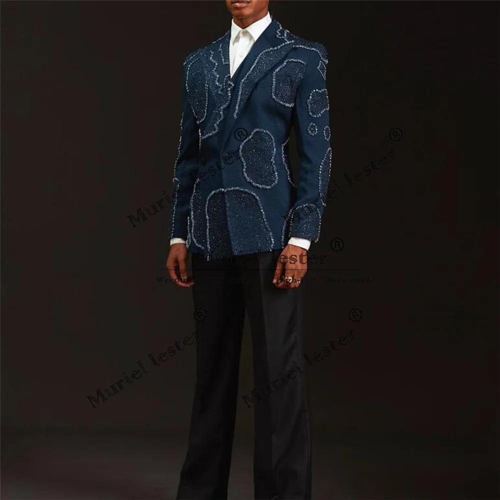 Exclusive Design Beaded Crystals Suits Men Slim Fit Double Breasted Jacket Pants 2 Piece Set Banquet Groom Tuxedos Customizied