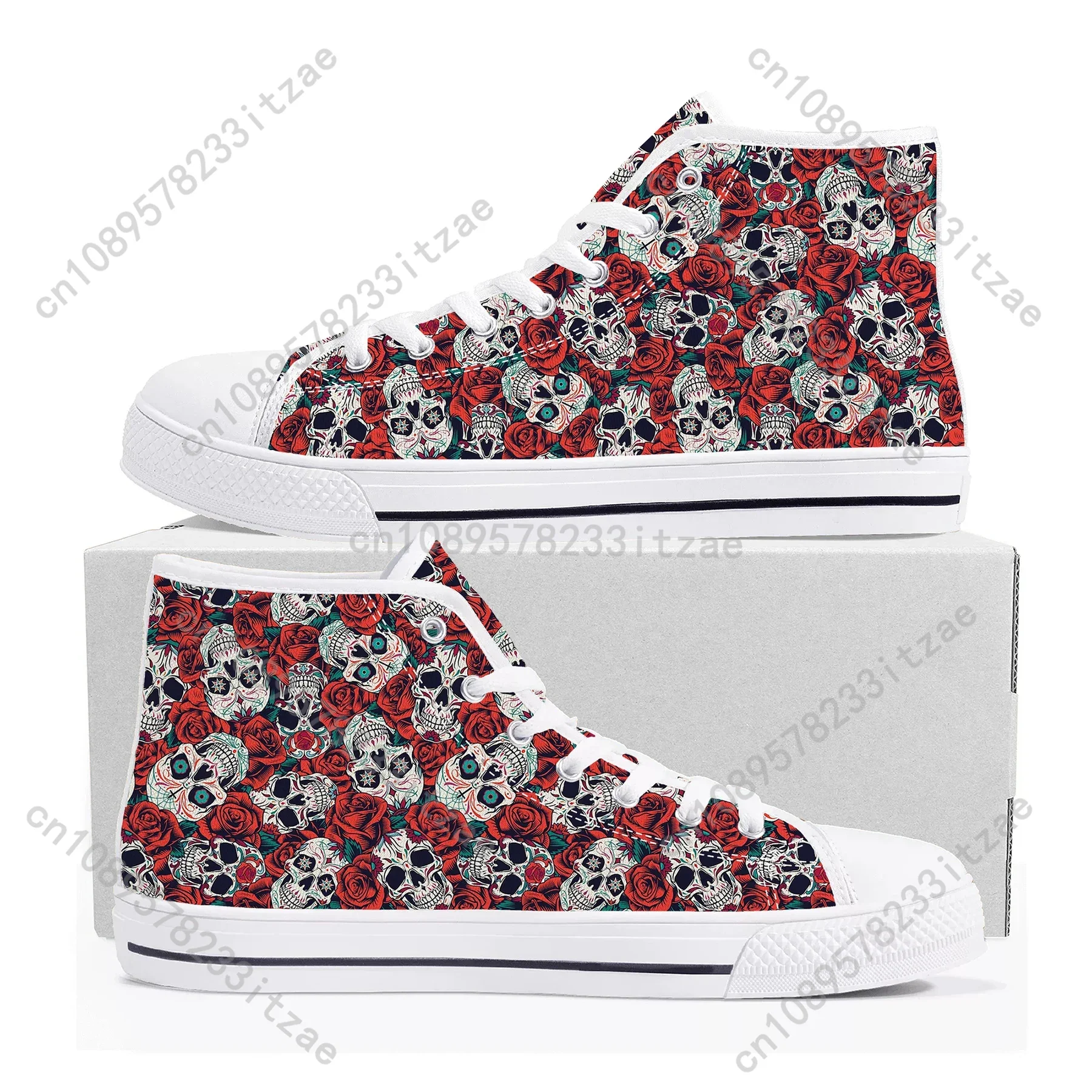 Retro Sugar Skull Floral Printed High Top Sneakers Mens Womens Teenager Canvas Sneaker Casual Custom Made Shoes Customize Shoe