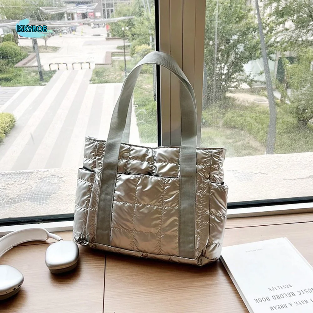 

Korean Style Down Cotton Shoulder Bag Checkered Large Capacity Cotton-padded Tote Bag Space Cotton Lightweight Puffy Bag