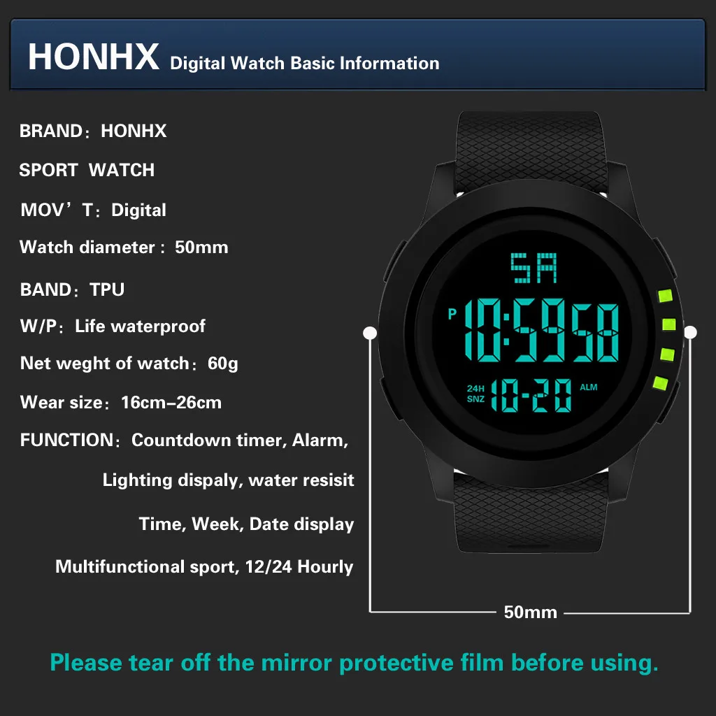 ساعة يد رقمية رياضية للرجال LED ساعة رقمية فاخرة تناظرية للرجال Sbbn031 #6