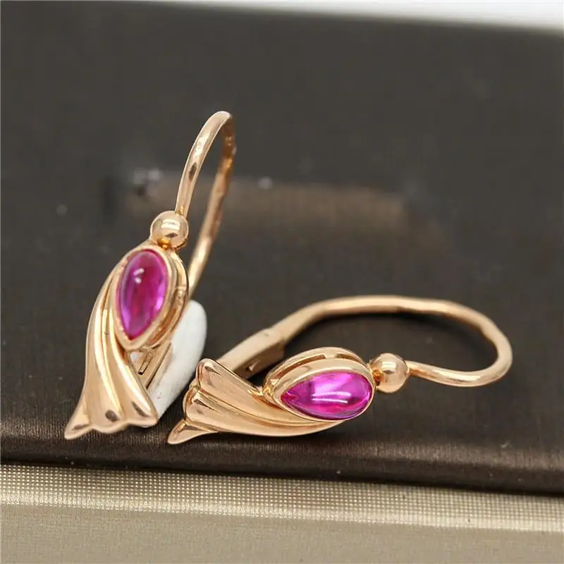 585 Purple Gold Plated 14K Rose Gold Inlaid Waterdrop Red Crystal Geometric Earrings for Women Classic Glamour Dinner Jewelry