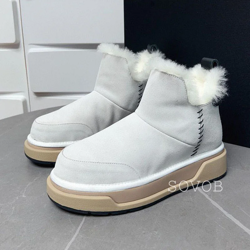 Winter Sheep Suede Flat Heel Thick Sole Short Boots 2024 Women Plush Lining For Warmth Ankle Botas Casual Versatile Snow Boots