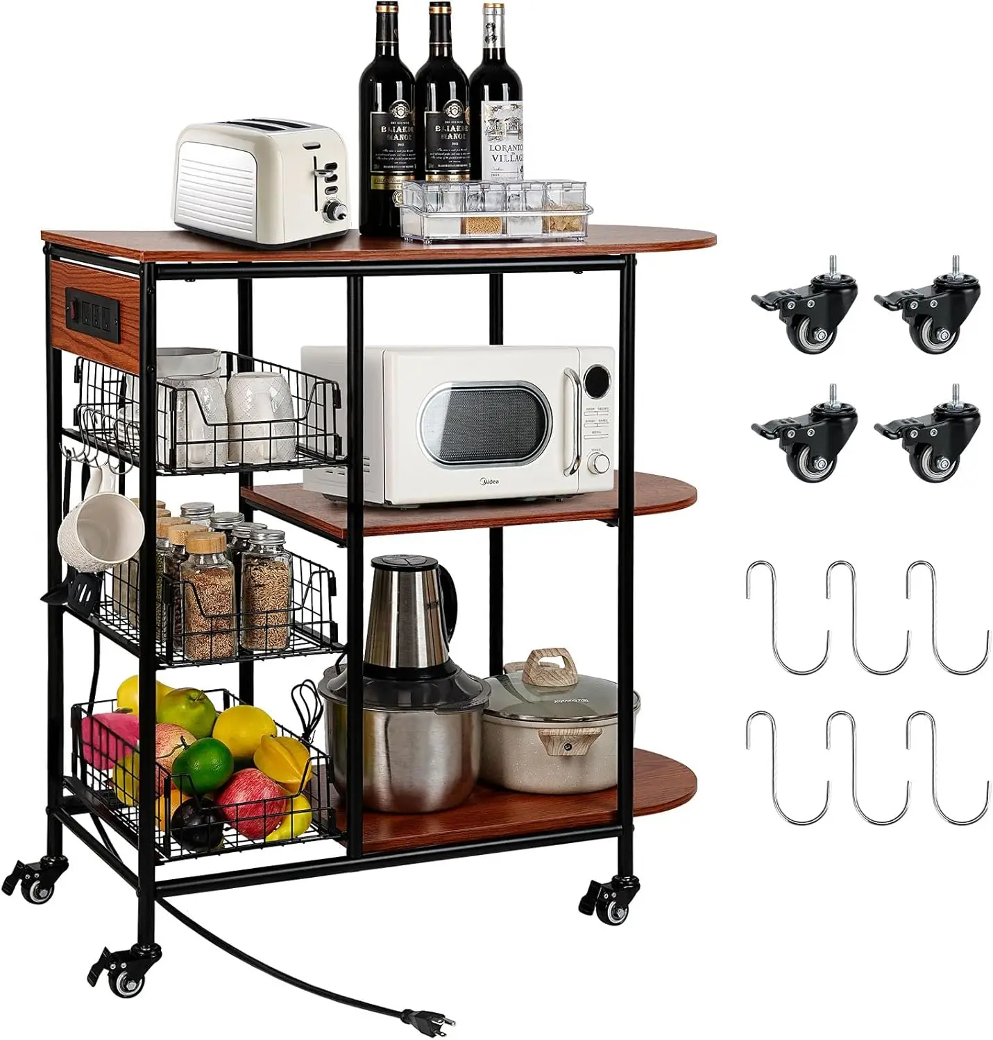 Kitchen Carts On Wheels With Storage, Bakers Rack With 3 Pull-Out Baskets, Coffee Bar Table With Power Outlet Microwave Stand