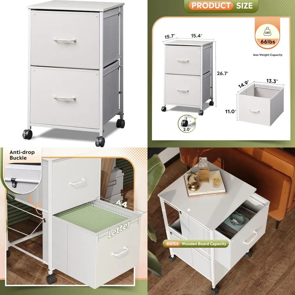 خزانة ملفات متنقلة ذات درجين مع حامل طابعة دوارة ورف تخزين مفتوح، مناسبة لملفات بحجم A4 أو الحروف