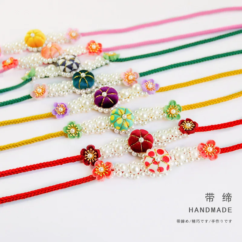 Traditional Japanese Obi-jime – Handmade Waist Cord with Pumpkin Flower Design & Pearl Beads for Yukata and Kimono