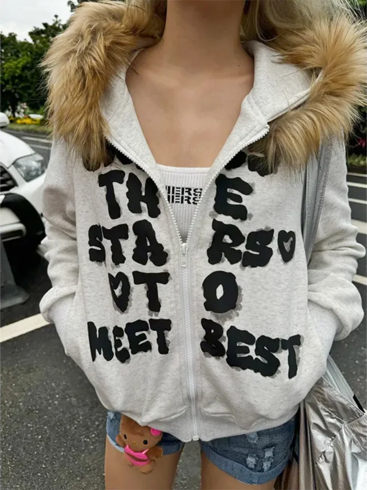 Retro Luxury Fur Hair Hooded Sweatshirt Zipper Short Jacket High Street Women Fashion Cardigan Coats Hip Hop Letter Printed Y2K