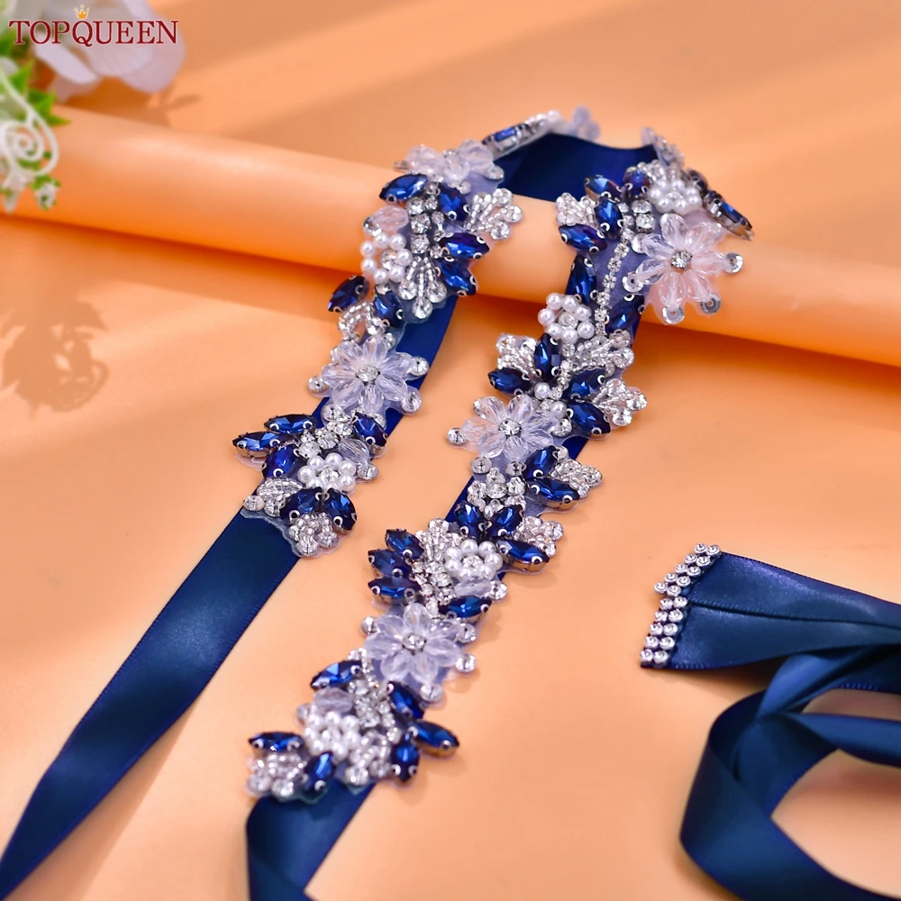 TOPQUEEN New Design Wedding Belt Navy Blue Rhinestone Patch Belt Versatile Evening Gown Accessories Bridal Crystal Sash S434-ML