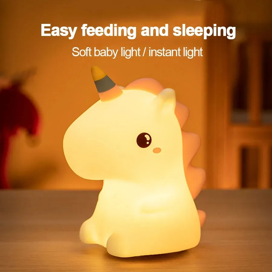 Unicorn Cute Silicone LED Night Light For Kids Children USB Rechargeable Cartoon Animal Bedroom Decor Touch Night Lamp for Gifts