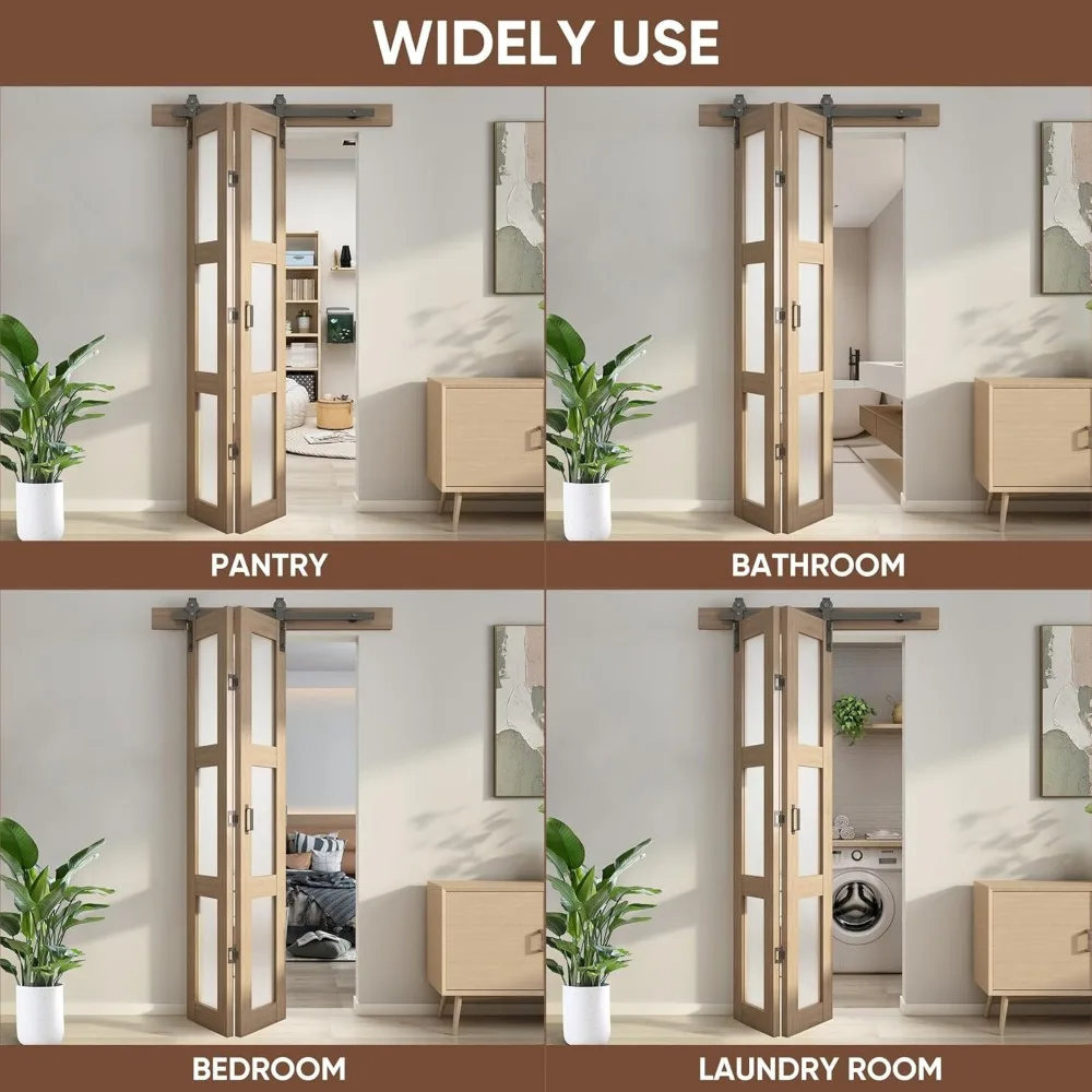 Double Fold Glass Barn Door, Double Fold Glass Sliding Barn Door Kit Including Hardware, 3 Panel Glass Barn Door Panel, Brown