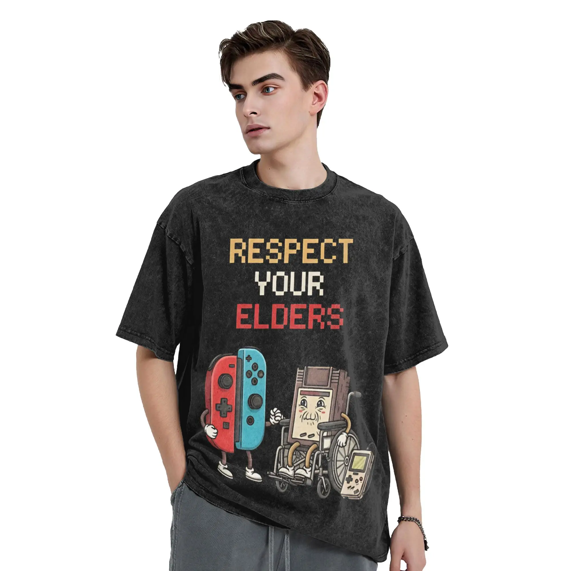 Funny Retro Gaming Consoles Respect Your Elders  Vintage Washed Tshirts Round Neck Short Sleeve Top Tee  Cotton Summer Clothing