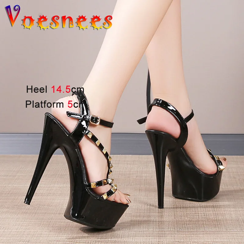 European And American Thin High Heels Rivet Women\'s Shoes Summer Fashion Thick Platform Sandals Sexy Narrow-band Banquet Pumps