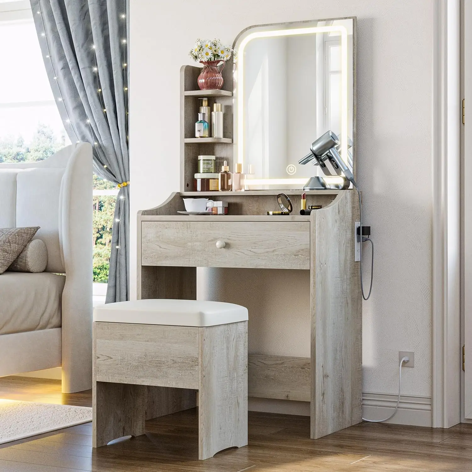 Compact Makeup Vanity Desk with Mirror, Lights, Storage Drawer, Chair and Shelves in White Walnut Finish