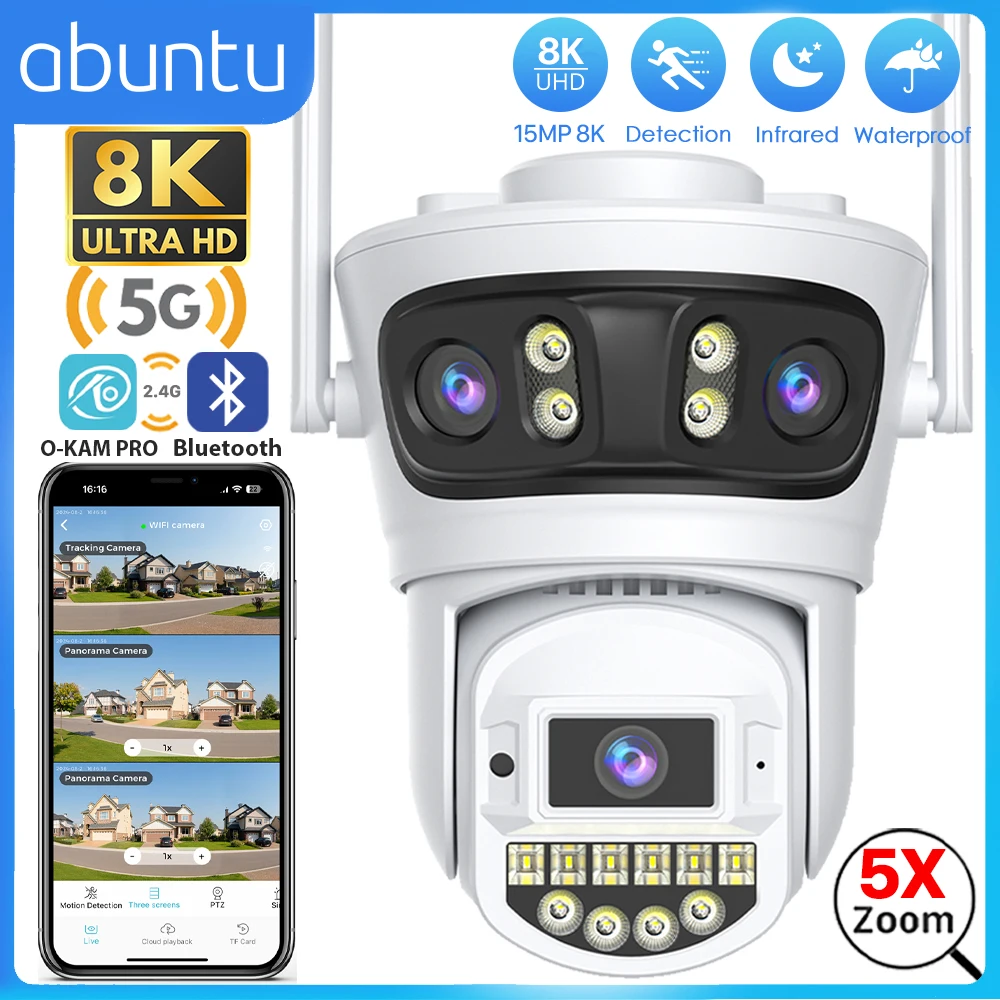 15MP 8K Wifi Camera Outdoor Three Lens Three Screens Video Surveillance Camera 2.4G/5G Night Vision Human Detection Security CAM