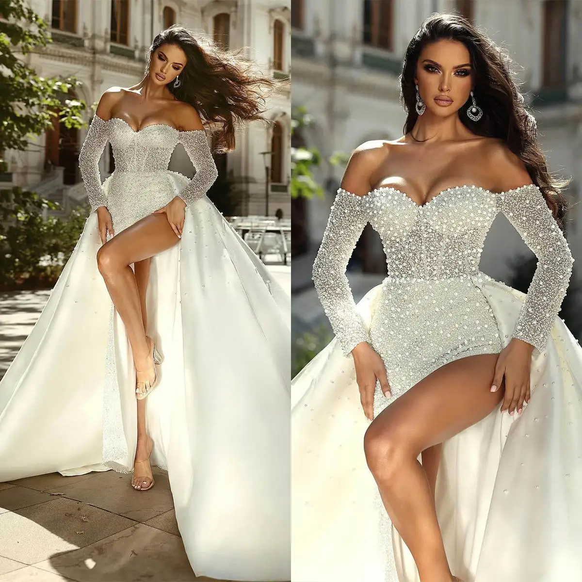 

Modern A-Line Gown Wedding Dresses Pearls Lace Satin Bridal Gowns Big Size Strapless Vestidos De Novia Custom Size Colour