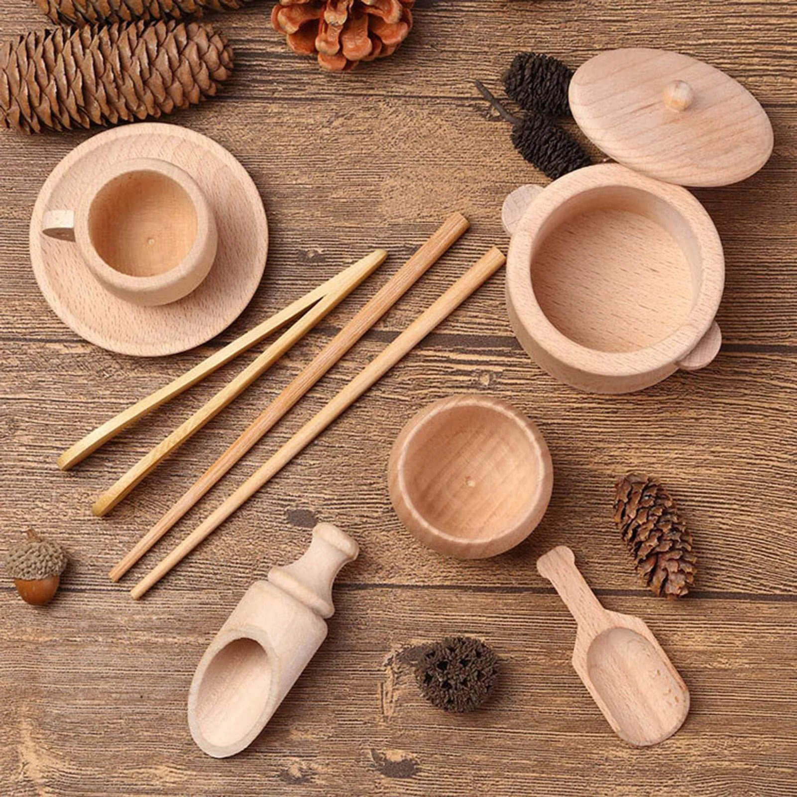 Sensory Bin Tools Toddler Montessori Toys Set Of 8 Wooden Scoops And Wooden Tongs Fine Motor Learning Toy For Children Kids Aged