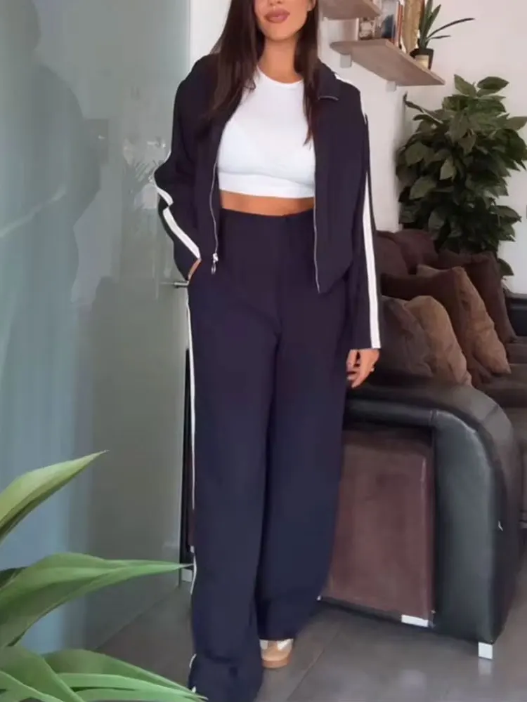 HH 2024 Female Street Trendy Trousers Suits Lapel Zipper Cropped Jackets+Elastic Waist Wide Leg Long Pants Causal Autumn Set