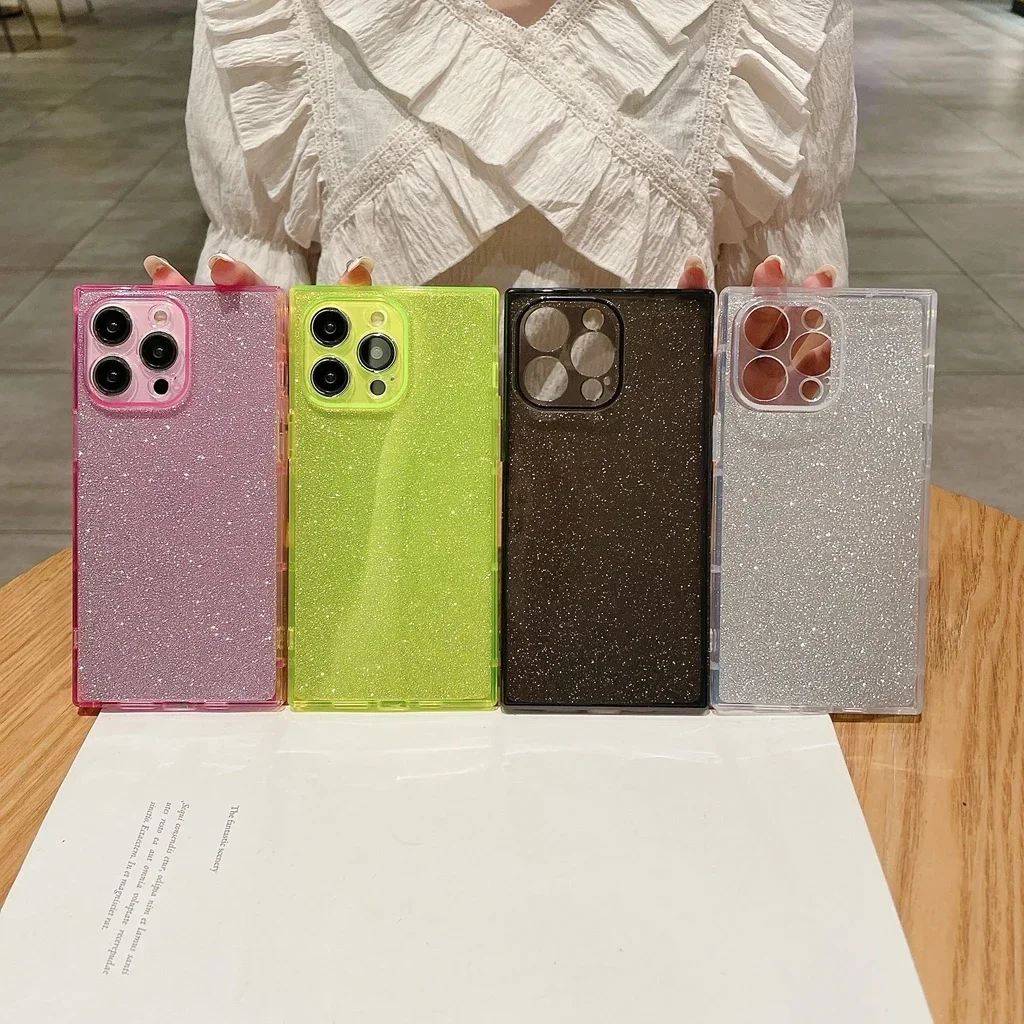 Simplicity Solid Color Glitter Rectangle Shockproof Protective Phone Cover Case for iPhone 16 15 14 13 12 11 Pro Max Plus