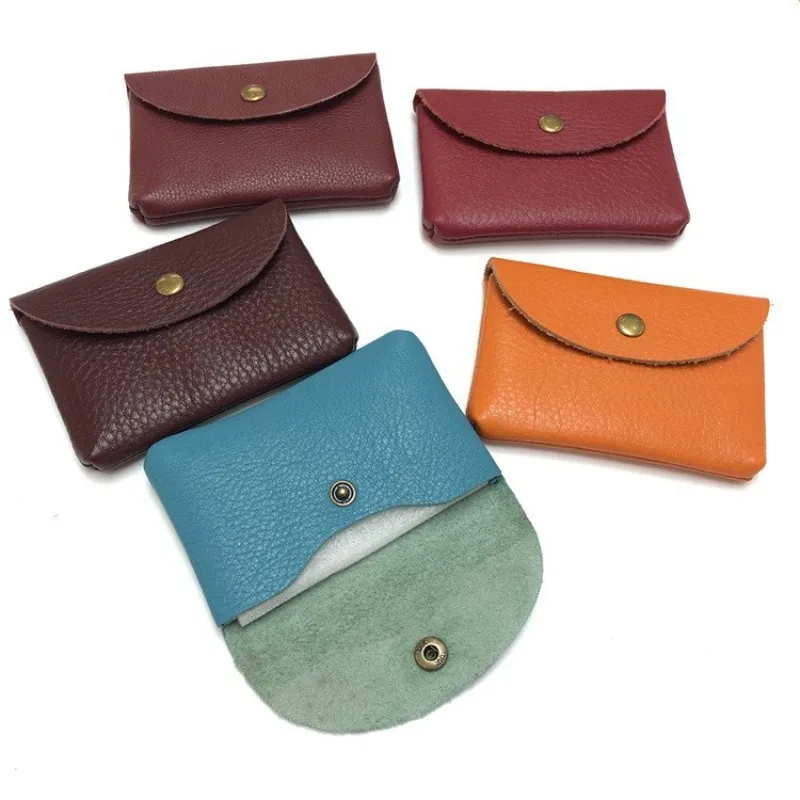 Leather Mini Envelope Change Pocket Simple Buckle Cowhide Large Capacity Card Bag Women's Coin Wallet Bank Card Earphone Bag