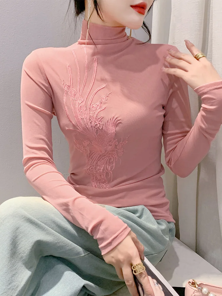 Ele Long Sve T-shirt ricamata Colletto alto da donna Patchwork Slim Fit Capispalla Base irt Commute Sle Stagione autunnale