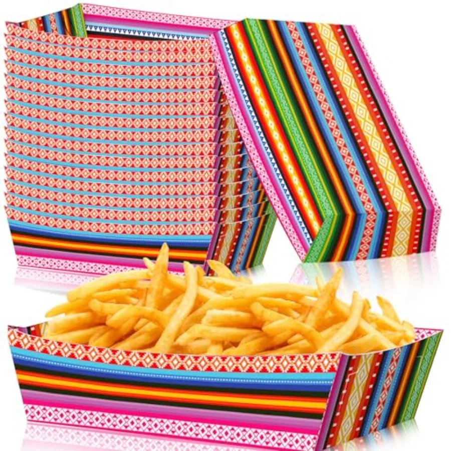 30 Pack Fiesta Mexican Paper Food Trays, Colorful Serape Stripe Design Disposable Snack Containers for Taco Nights, Nachos, Pop