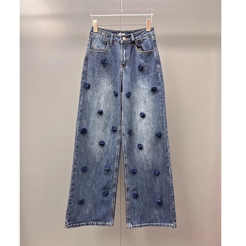 Damen-Jeanshose mit weitem Bein, Quaste, High Street, Damen, Taschen, Jeans, Damenmode, Sommer, neue Hose, 2025, 3D-Rose