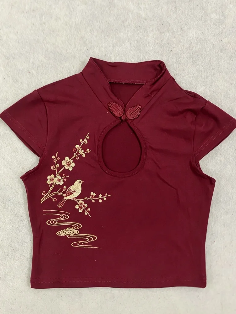 Wine Red New Chinese Qipao Crop Top Women Keyhole Frog Button Koi Bamboo Magpie Print Short Sleeve Blouse