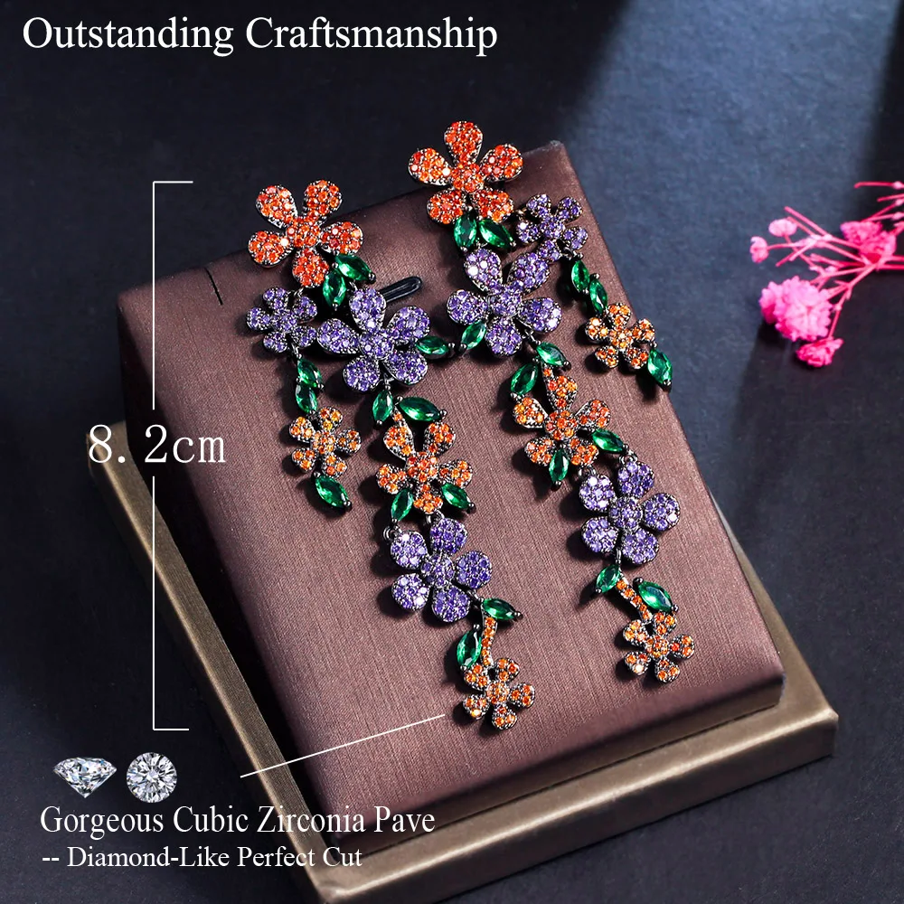 CWWZircons Unique Luxurious Dangly Drop Cluster Flower Extra Long CZ Earrings for Women Engagement Party Wedding Jewelry CZ284