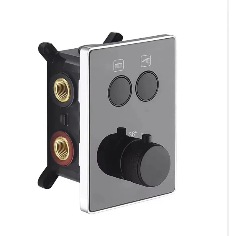 Shower Thermostatic Concealed Diverter Solid Brass Tempered Glass Panel Black Wall Push Button