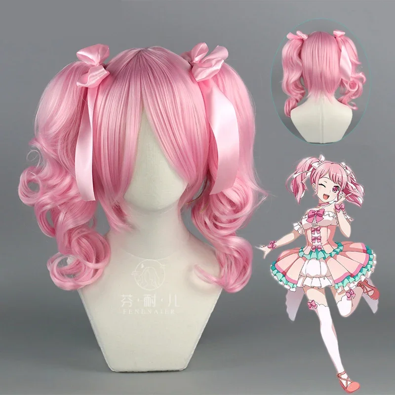 

Anime Cosplay Pink Curly Wigs Double Ponytails Heat Resistant Hair Wigs Accessories