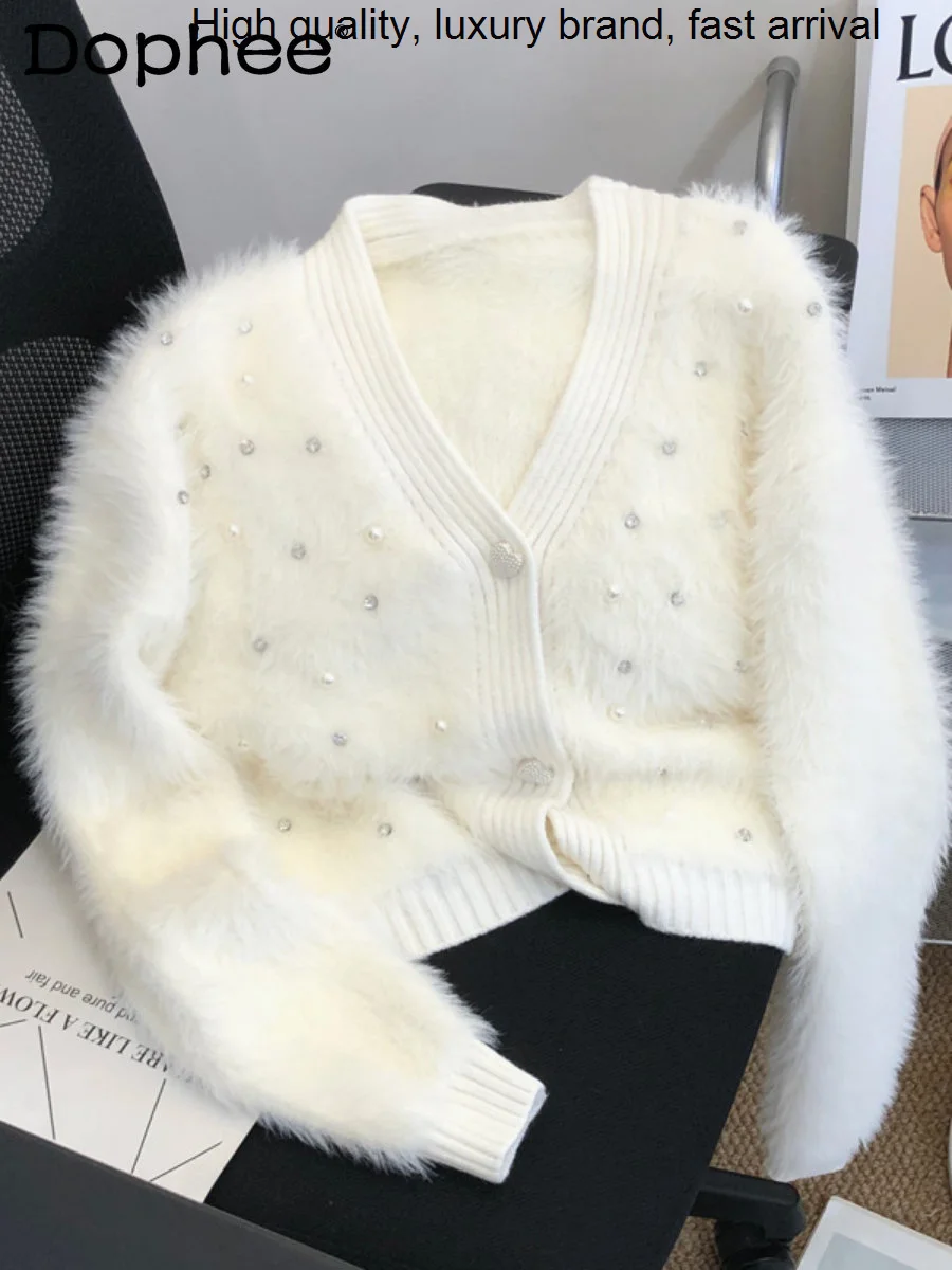 

Industry Rhinestone Heavy Mink Fur Cardigan Women Korean Autumn Winter New Temperament V-neck White Knitted Sweater Top