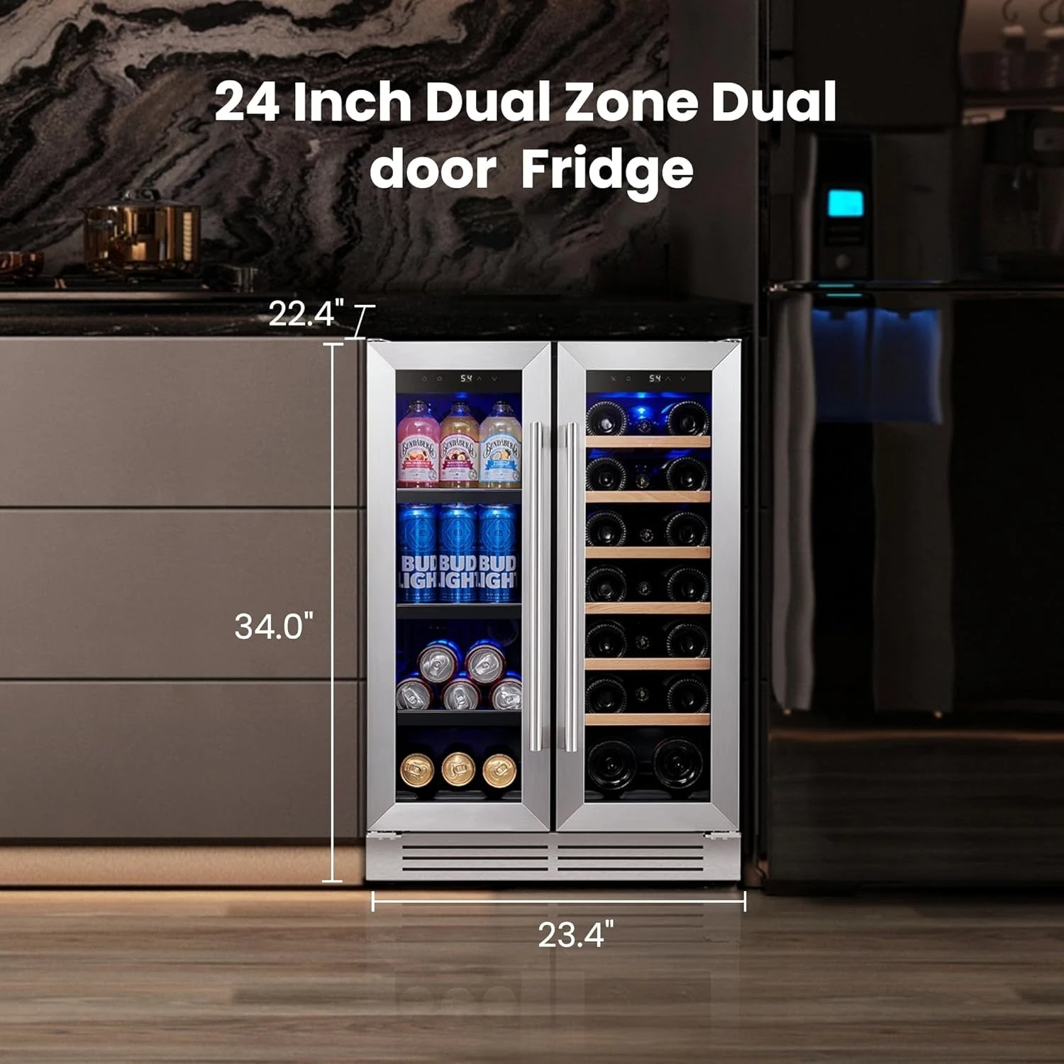 

24 Inch Wine & Beverage Refrigerator, Holds 60 Cans and 20 Wine Bottles,Glass Door, 36-72°F, Built-In & Freestanding, Customized